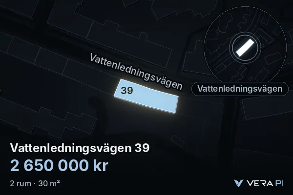 VERA PI:s bild av Vattenledningsvägen 39: huset i 3D, upplyst i blått, och kartan runt omkring