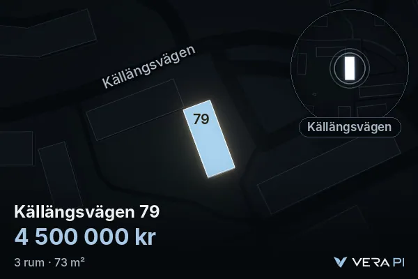 VERA PI's image of Källängsvägen 79: the building in 3D, lit in blue, and the map around it