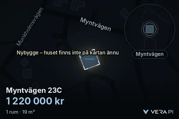 VERA PI:s bild av Myntvägen 23C: huset i 3D, upplyst i blått, och kartan runt omkring