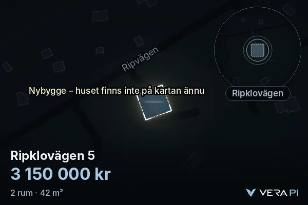 VERA PI:s bild av Ripklovägen 5: huset i 3D, upplyst i blått, och kartan runt omkring