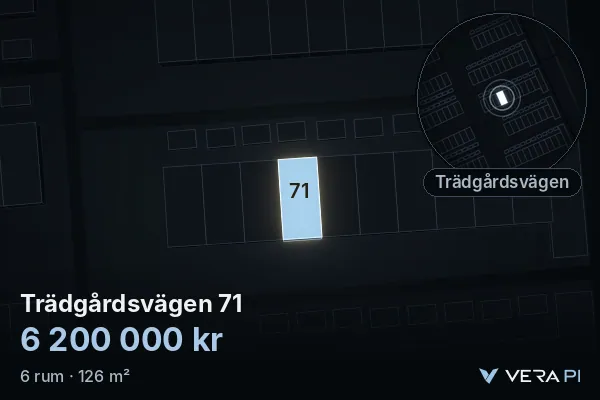 VERA PI's image of Trädgårdsvägen 71: the building in 3D, lit in blue, and the map around it