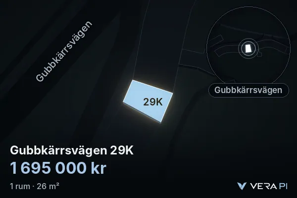 VERA PI:s bild av Gubbkärrsvägen 29K: huset i 3D, upplyst i blått, och kartan runt omkring