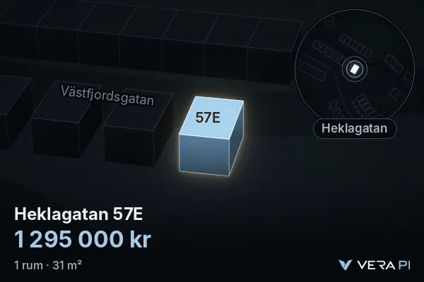 VERA PI's image of Heklagatan 57E: the building in 3D, lit in blue, and the map around it