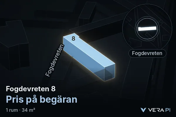VERA PI's image of Fogdevreten 8: the building in 3D, lit in blue, and the map around it