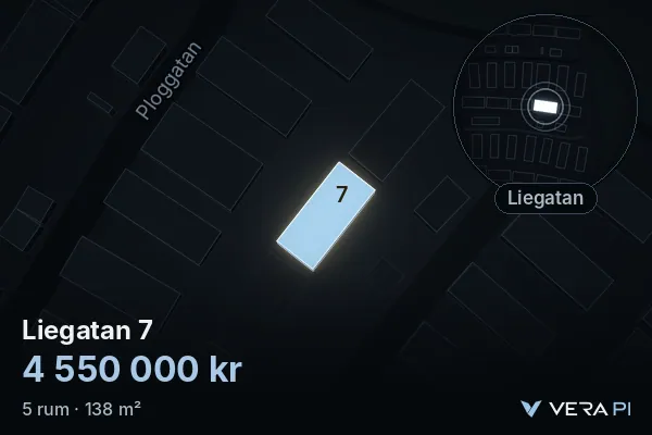 VERA PI:s bild av Liegatan 7: huset i 3D, upplyst i blått, och kartan runt omkring