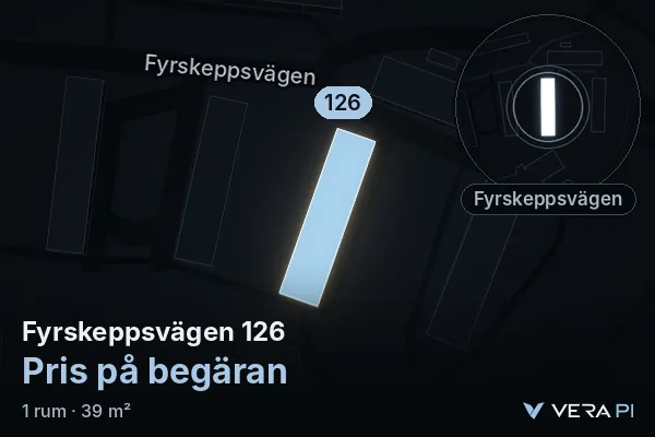 VERA PI's image of Fyrskeppsvägen 126: the building in 3D, lit in blue, and the map around it