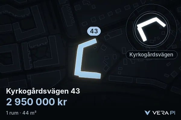 VERA PI:s bild av Kyrkogårdsvägen 43: huset i 3D, upplyst i blått, och kartan runt omkring