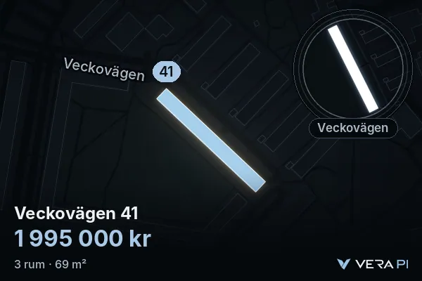 VERA PI's image of Veckovägen 41: the building in 3D, lit in blue, and the map around it