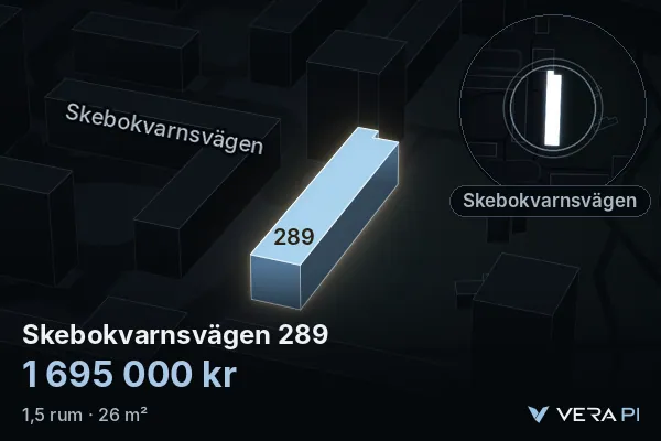 VERA PI:s bild av Skebokvarnsvägen 289: huset i 3D, upplyst i blått, och kartan runt omkring