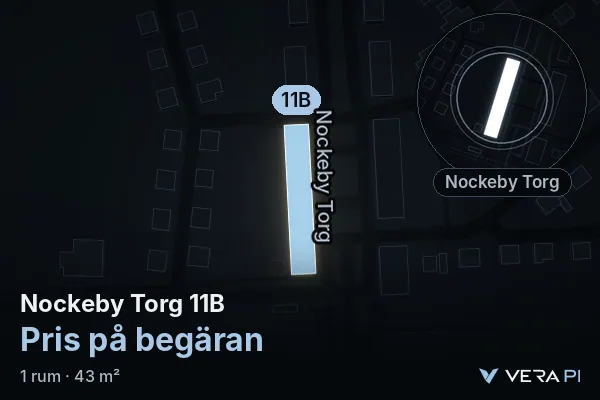 VERA PI:s bild av Nockeby Torg 11B: huset i 3D, upplyst i blått, och kartan runt omkring