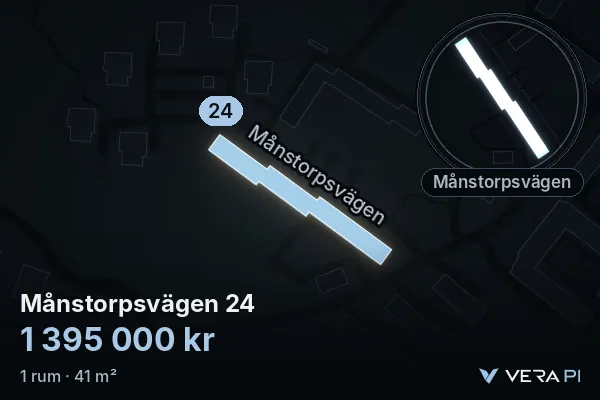 VERA PI's image of Månstorpsvägen 24: the building in 3D, lit in blue, and the map around it