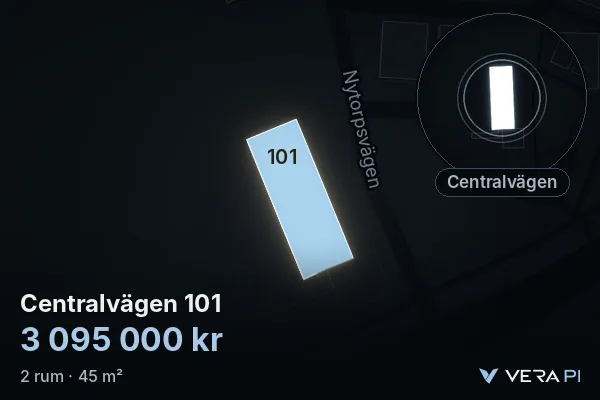 VERA PI:s bild av Centralvägen 101: huset i 3D, upplyst i blått, och kartan runt omkring