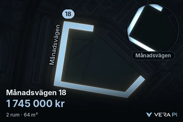 VERA PI's image of Månadsvägen 18: the building in 3D, lit in blue, and the map around it