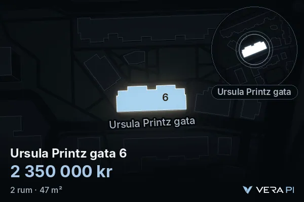 VERA PI:s bild av Ursula Printz gata 6: huset i 3D, upplyst i blått, och kartan runt omkring