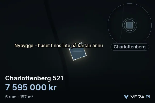 VERA PI:s bild av Charlottenberg 521: huset i 3D, upplyst i blått, och kartan runt omkring