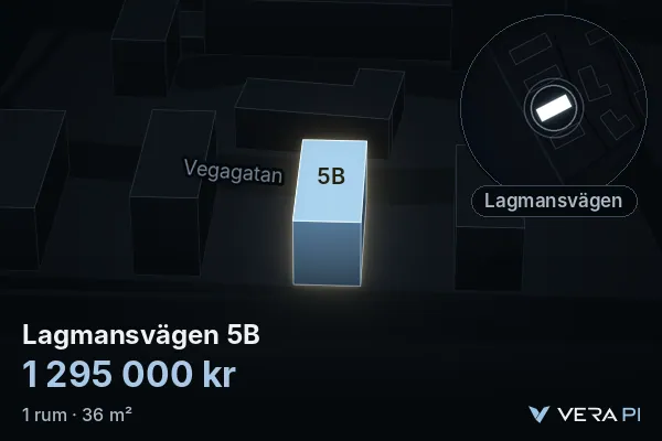 VERA PI's image of Lagmansvägen 5B: the building in 3D, lit in blue, and the map around it