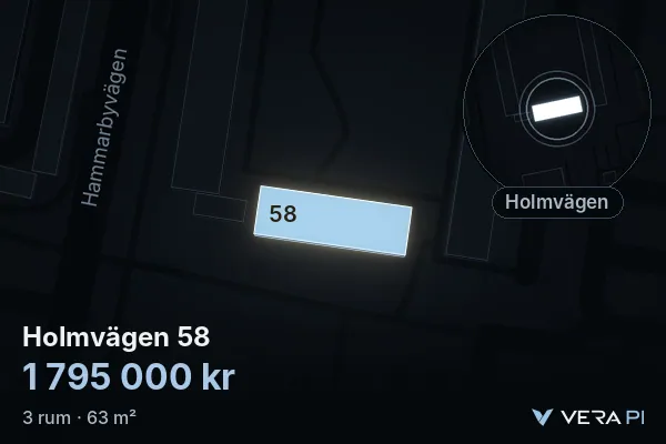 VERA PI:s bild av Holmvägen 58: huset i 3D, upplyst i blått, och kartan runt omkring