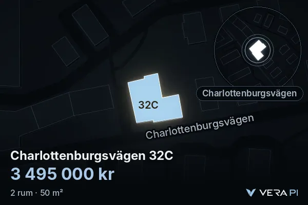 VERA PI's image of Charlottenburgsvägen 32C: the building in 3D, lit in blue, and the map around it