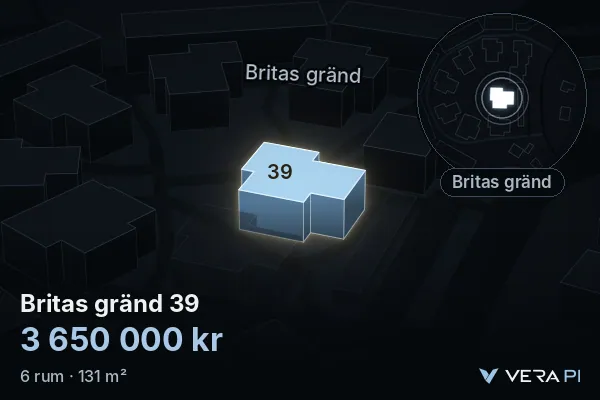 VERA PI:s bild av Britas gränd 39: huset i 3D, upplyst i blått, och kartan runt omkring