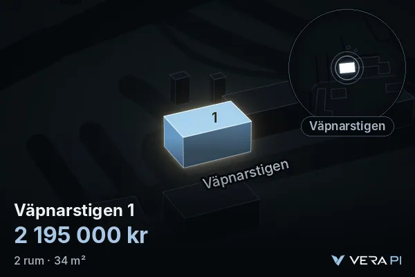 VERA PI's image of Väpnarstigen 1: the building in 3D, lit in blue, and the map around it