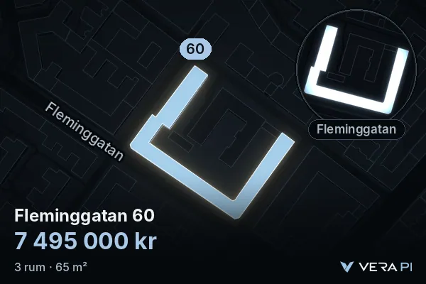 VERA PI:s bild av Fleminggatan 60: huset i 3D, upplyst i blått, och kartan runt omkring