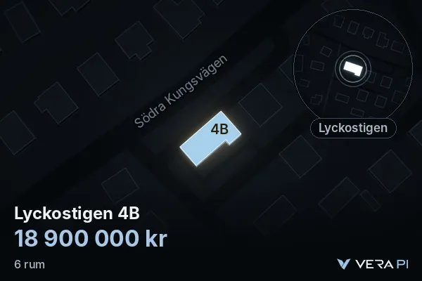 VERA PI's image of Lyckostigen 4B: the building in 3D, lit in blue, and the map around it