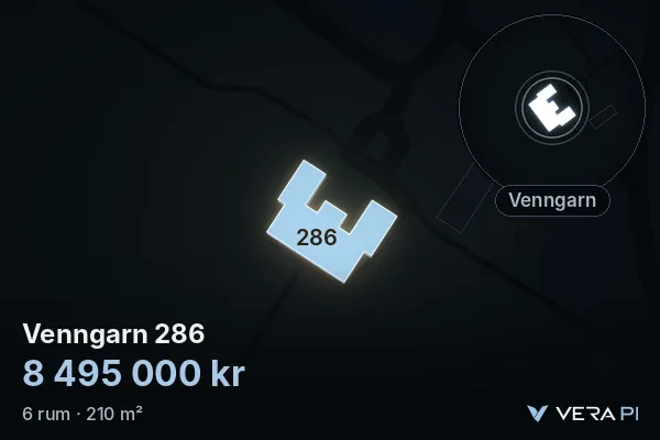 VERA PI:s bild av Venngarn 286: huset i 3D, upplyst i blått, och kartan runt omkring