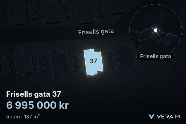 VERA PI:s bild av Frisells gata 37: huset i 3D, upplyst i blått, och kartan runt omkring