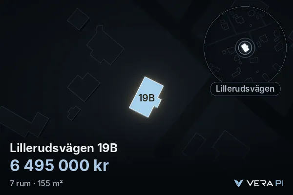 VERA PI's image of Lillerudsvägen 19B: the building in 3D, lit in blue, and the map around it