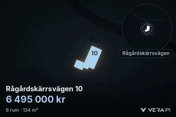 VERA PI:s bild av Rågårdskärrsvägen 10: huset i 3D, upplyst i blått, och kartan runt omkring