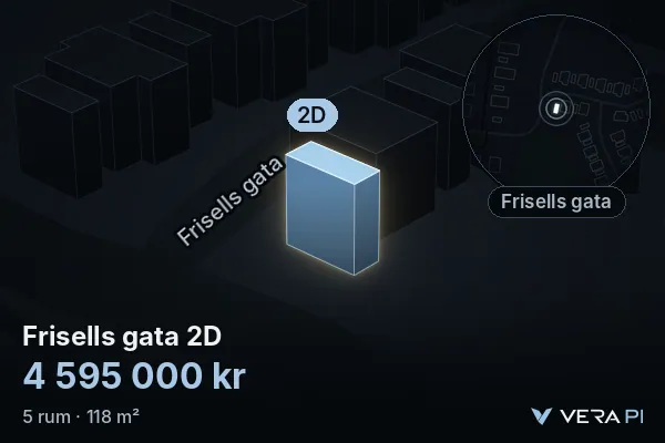 VERA PI:s bild av Frisells gata 2D: huset i 3D, upplyst i blått, och kartan runt omkring