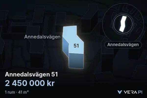 VERA PI's image of Annedalsvägen 51: the building in 3D, lit in blue, and the map around it