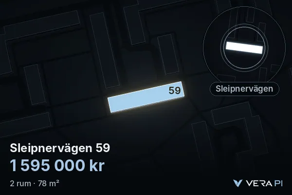 VERA PI:s bild av Sleipnervägen 59: huset i 3D, upplyst i blått, och kartan runt omkring