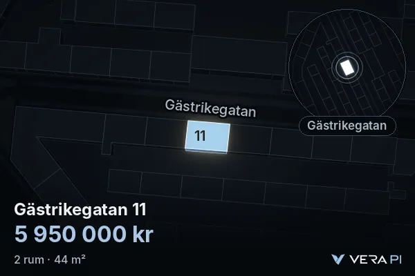 VERA PI:s bild av Gästrikegatan 11: huset i 3D, upplyst i blått, och kartan runt omkring