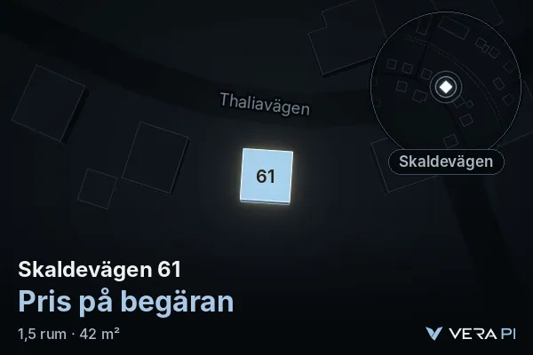 VERA PI:s bild av Skaldevägen 61: huset i 3D, upplyst i blått, och kartan runt omkring