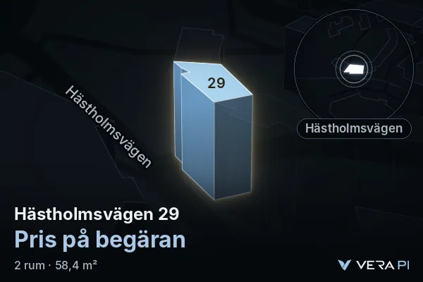 VERA PI:s bild av Hästholmsvägen 29: huset i 3D, upplyst i blått, och kartan runt omkring