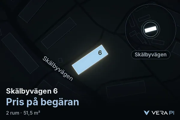 VERA PI's image of Skälbyvägen 6: the building in 3D, lit in blue, and the map around it