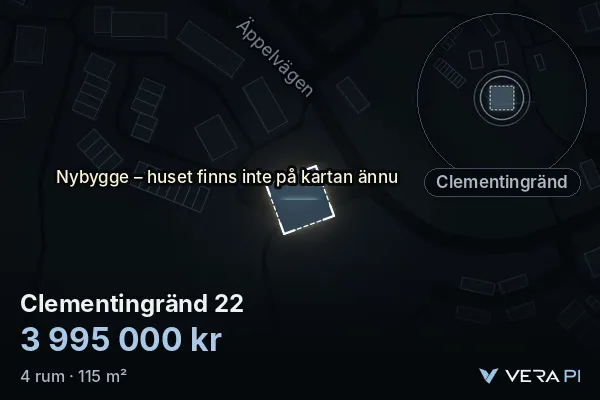 VERA PI's image of Clementingränd 22: the building in 3D, lit in blue, and the map around it