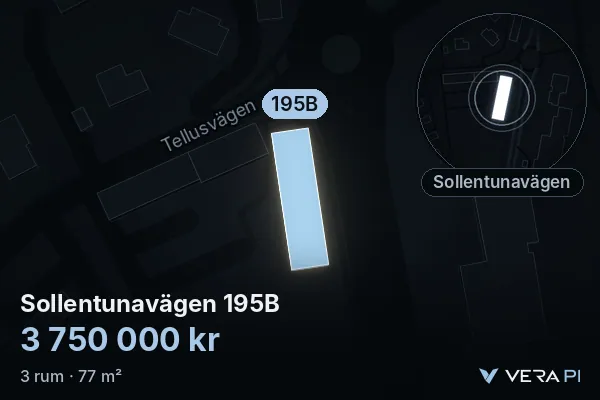 VERA PI's image of Sollentunavägen 195B: the building in 3D, lit in blue, and the map around it