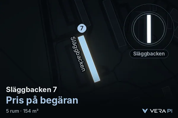 VERA PI:s bild av Släggbacken 7: huset i 3D, upplyst i blått, och kartan runt omkring