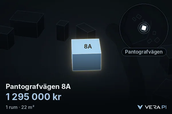VERA PI's image of Pantografvägen 8A: the building in 3D, lit in blue, and the map around it