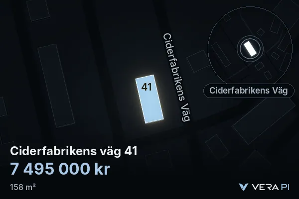 VERA PI's image of Ciderfabrikens väg 41: the building in 3D, lit in blue, and the map around it