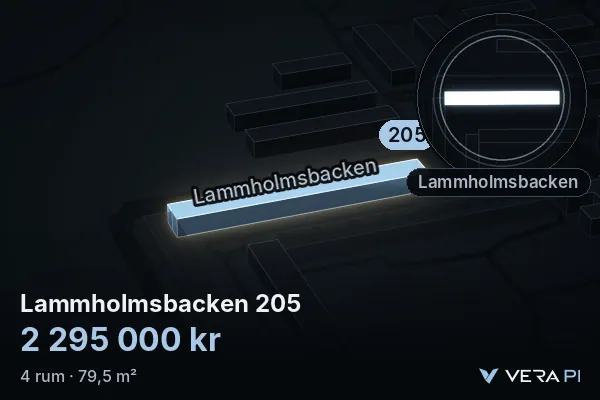 VERA PI:s bild av Lammholmsbacken 205: huset i 3D, upplyst i blått, och kartan runt omkring