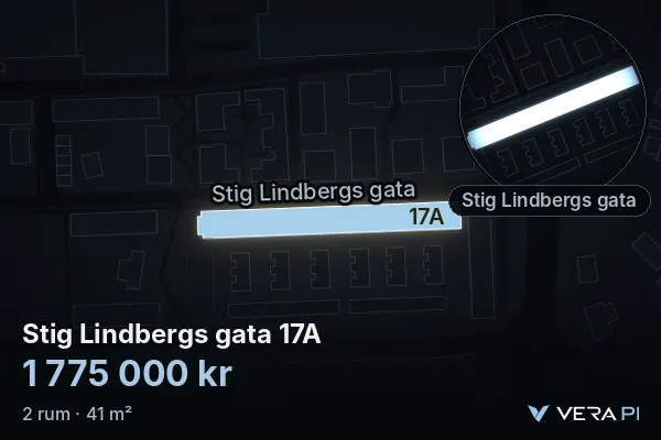 VERA PI's image of Stig Lindbergs gata 17A: the building in 3D, lit in blue, and the map around it