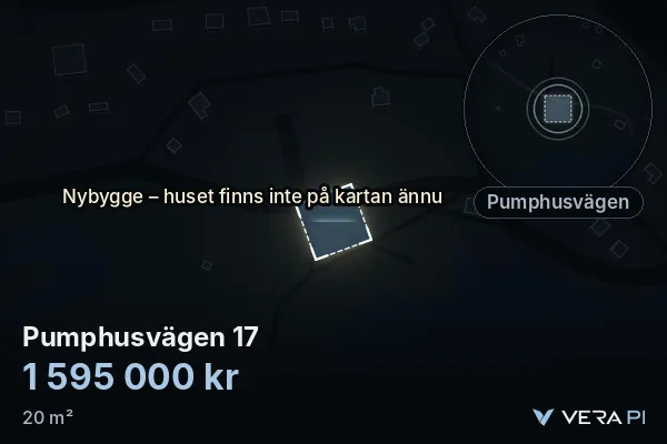 VERA PI's image of Pumphusvägen 17: the building in 3D, lit in blue, and the map around it