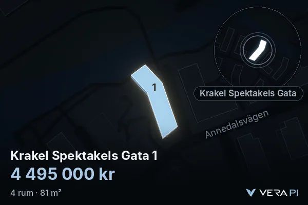VERA PI:s bild av Krakel Spektakels Gata 1: huset i 3D, upplyst i blått, och kartan runt omkring