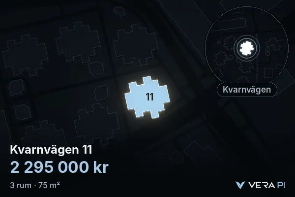 VERA PI:s bild av Kvarnvägen 11: huset i 3D, upplyst i blått, och kartan runt omkring