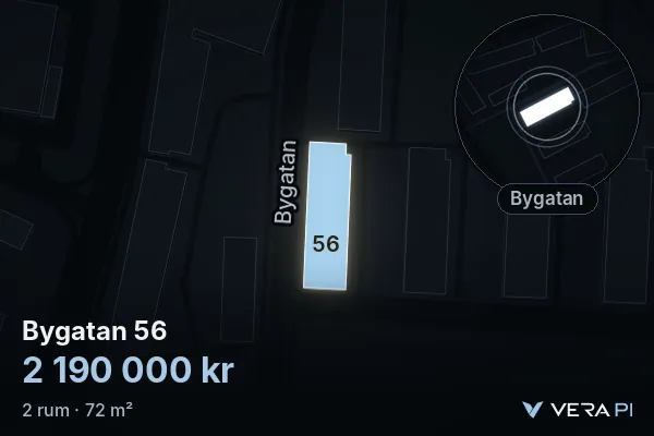 VERA PI's image of Bygatan 56: the building in 3D, lit in blue, and the map around it