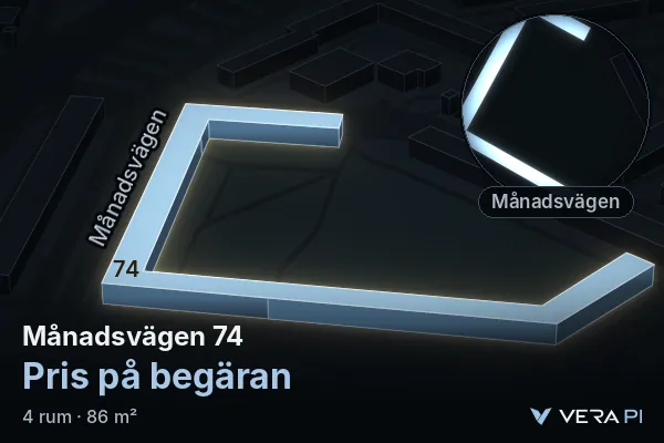 VERA PI's image of Månadsvägen 74: the building in 3D, lit in blue, and the map around it