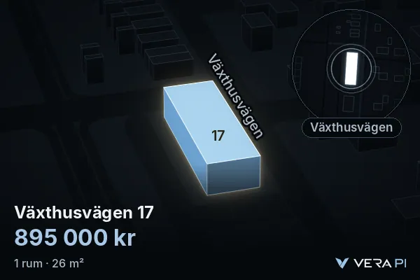 VERA PI's image of Växthusvägen 17: the building in 3D, lit in blue, and the map around it